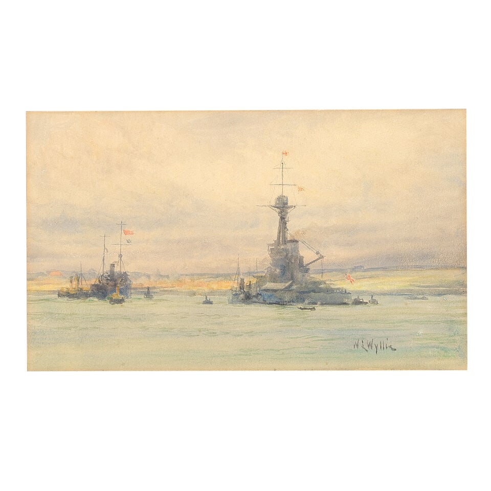 William Lionel Wyllie, RA (British, 1851-1931) World War I British Destroyers at anchor: William Lionel Wyllie, RA (British, 1851-1931) World War I British Destroyers at anchor signed 'WLWyllie' (lower right) watercolour 13.3 x 22.5cm (5 1/4 x 8 7/8in). For further information on this lot