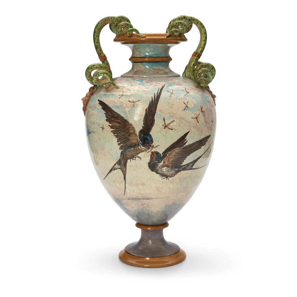 Wedgwood Edouard Rischgitz Decorated Queen's Ware Vase, England, c. 1865,: Wedgwood Edouard Rischgitz Decorated Queen's Ware Vase, England, c. 1865, with coiled snake handles, polychrome decorated with birds to either side, artist signed and impressed mark, ht. 20 3/4 in. Fo