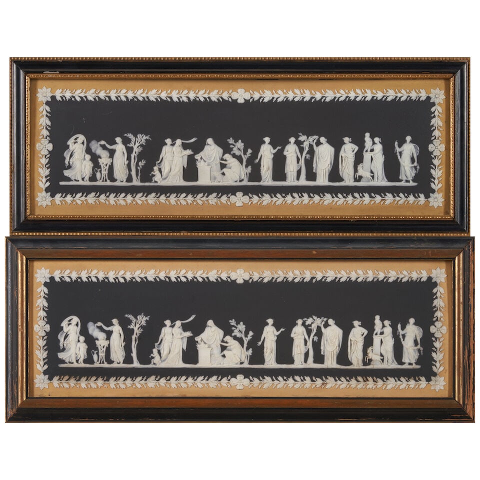 Two Wedgwood Tricolor Jasper Dip Plaques, England, 19th century,: Two Wedgwood Tricolor Jasper Dip Plaques, England, 19th century, rectangular shapes with applied white classical figures to a black ground framed in yellow, impressed mark, ebonized wood frames, 
