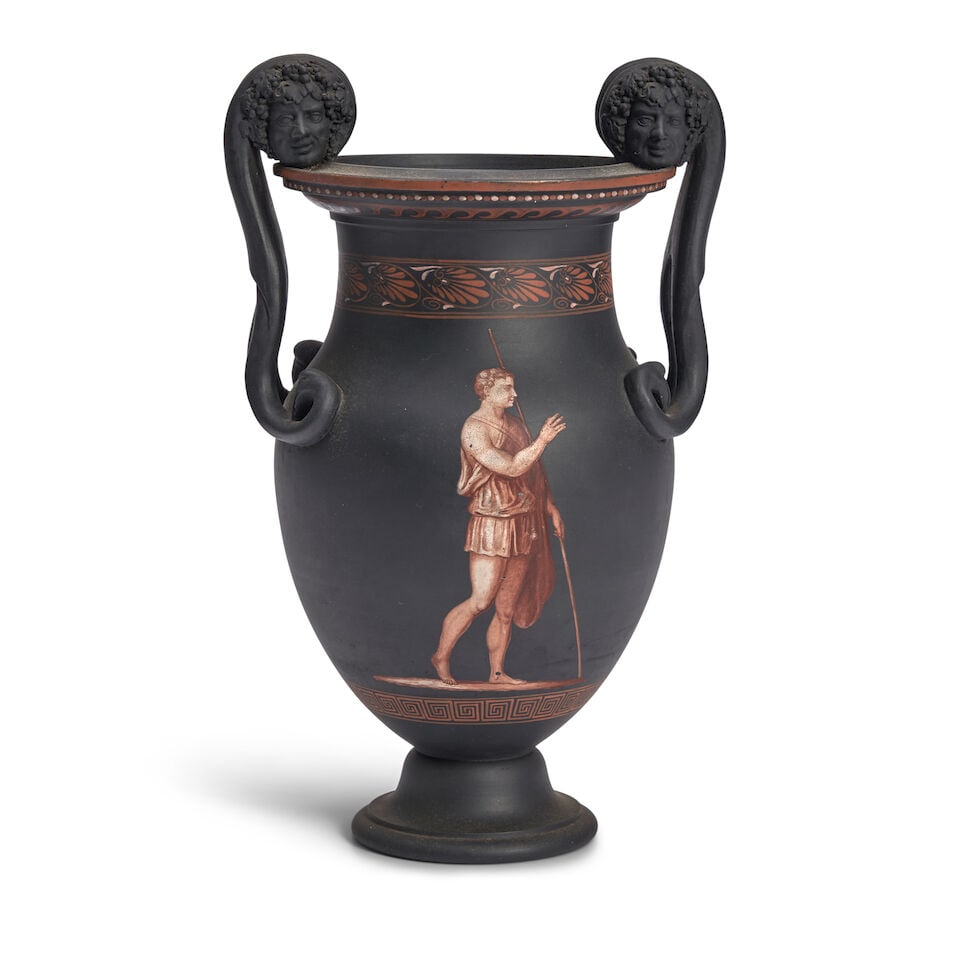 Encaustic Decorated Black Basalt Vase, England, c. 1800,: Encaustic Decorated Black Basalt Vase, England, c. 1800, possibly Wedgwood, scrolled handles with Bacchus heads, iron red, white decorated with a classical male below a band of anthemion, unmarked, ht