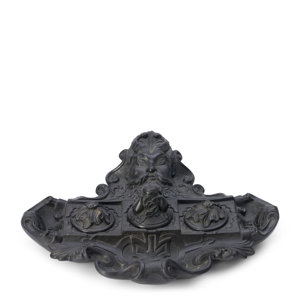 Wedgwood Black Basalt Inkstand, England, c. 1860,: Wedgwood Black Basalt Inkstand, England, c. 1860, Asian influenced mask head above three wells, each with cover, impressed mark, lg. 15 in. Footnotes: Provenance Property of a New York Collector For