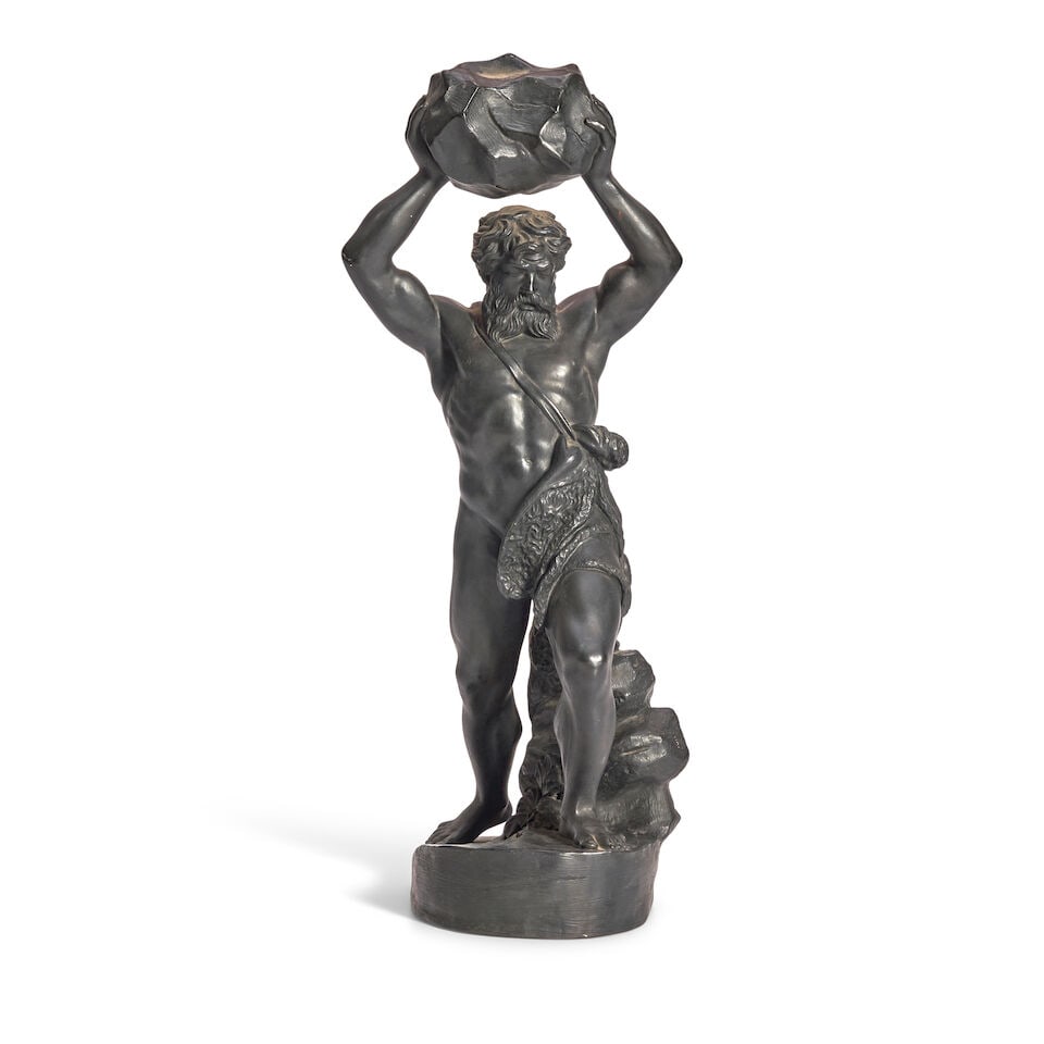 Danish Hjorth Black Terra Cotta Figure, Denmark, late 19th century,: Danish Hjorth Black Terra Cotta Figure, Denmark, late 19th century, depicting Polyphemus, the scantily clad make figure holding a boulder over his head, impressed mark, ht. 18