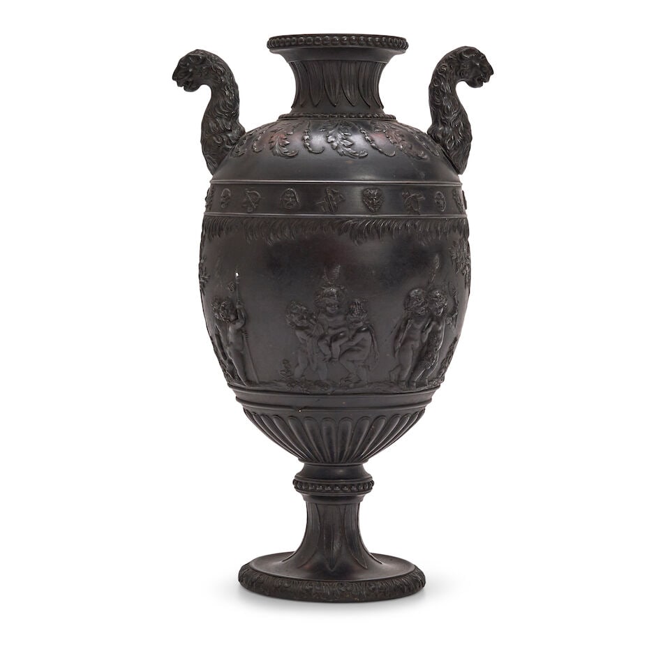 Wedgwood Black Basalt Leopard-handled Vase, England, 19th century, (1 of 2)