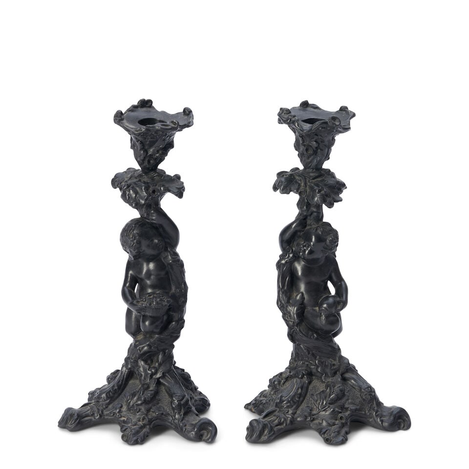 Pair of Wedgwood Black Basalt Figural Candlesticks, England, 19th century, (1 of 1)