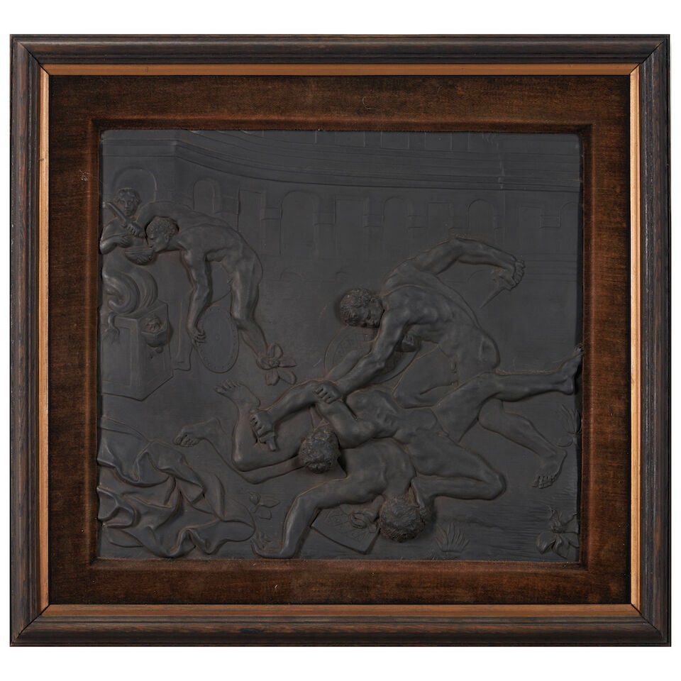 Wedgwood Black Basalt Gladiators Plaque, England, 19th century,: Wedgwood Black Basalt Gladiators Plaque, England, 19th century, rectangular shape with molded depiction of nude males fighting, set in a lined wood frame, impressed mark, approx. plaque lg. 12, w. 10