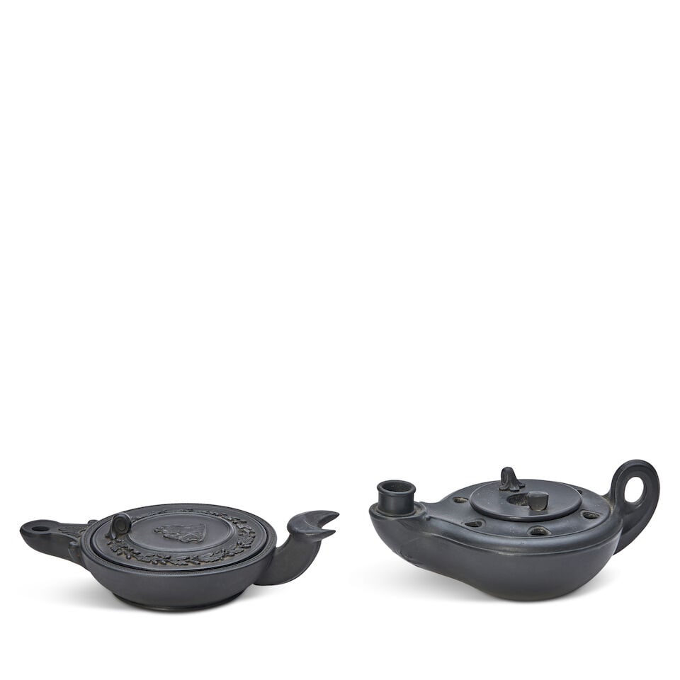 Two Wedgwood Black Basalt Oil Lamps, England, early 19th century, (1 of 2)
