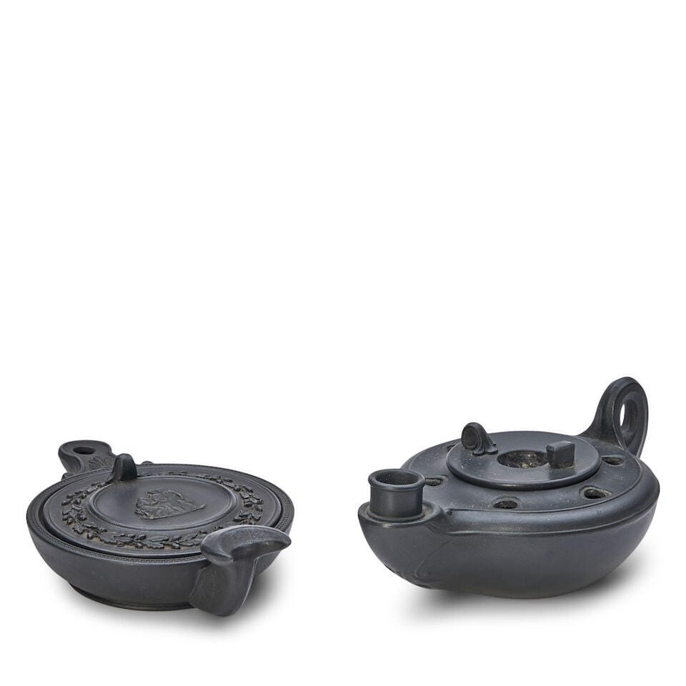 Two Wedgwood Black Basalt Oil Lamps, England, early 19th century, - 2