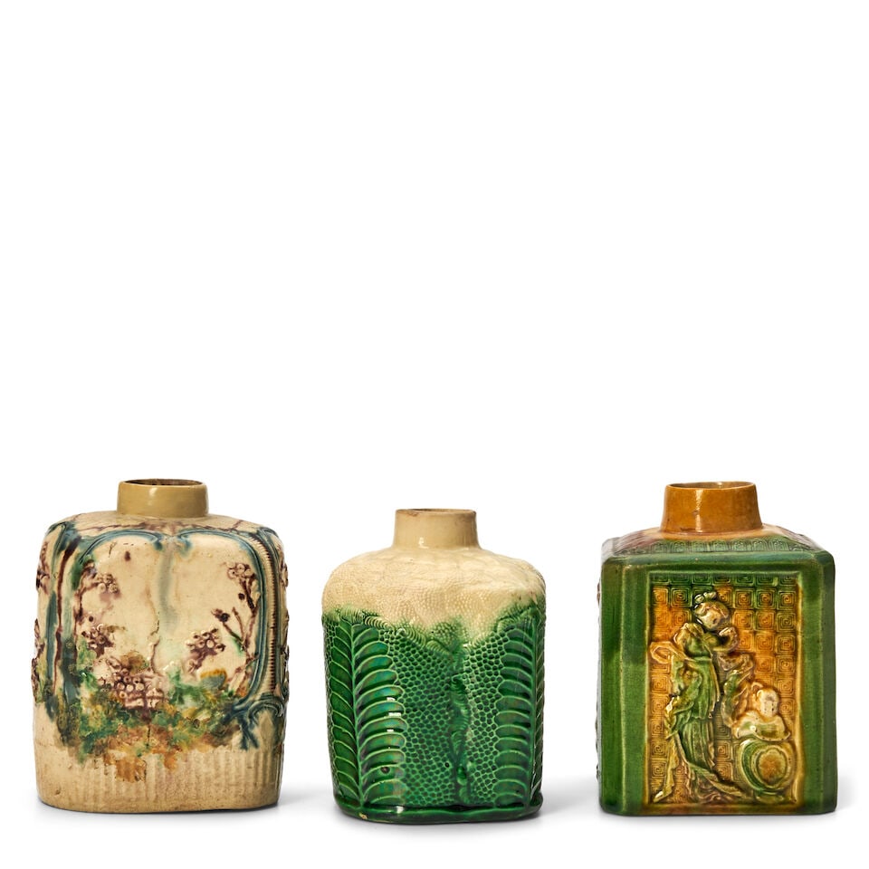 Three English Creamware Tea Cannisters, 18th century,: Three English Creamware Tea Cannisters, 18th century, a Wedgwood/Whieldon cauliflower decorated, ht. 4 1/8; a Greatbatch-type with molded fruits and translucent colors, ht. 4 1/2; and a square shape w