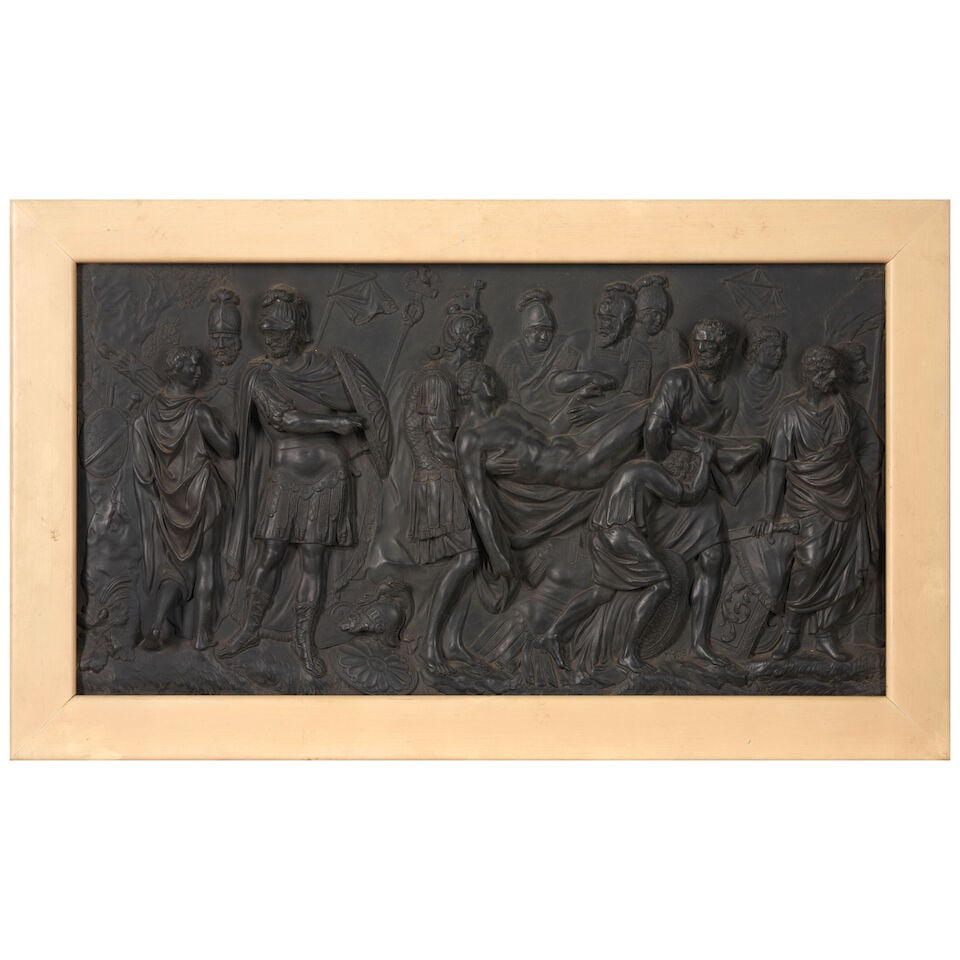 Basalt Basalt 'Death of a Roman Warrior' Plaque, England, 19th century,: Basalt Basalt 'Death of a Roman Warrior' Plaque, England, 19th century, attributed to Wedgwood, rectangular shape with figural procession in high relief, set in a modern painted wood frame, by sight 9