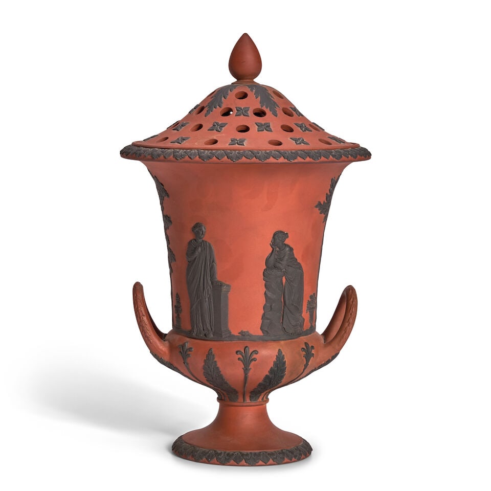 Wedgwood Rosso Antico Potpourri Vase & Cover, England, early 19th century,: Wedgwood Rosso Antico Potpourri Vase & Cover, England, early 19th century, campagna shape with pierced cover, applied black basalt classical figures in relief, impressed mark, ht. 13 3/4 in. Footnotes