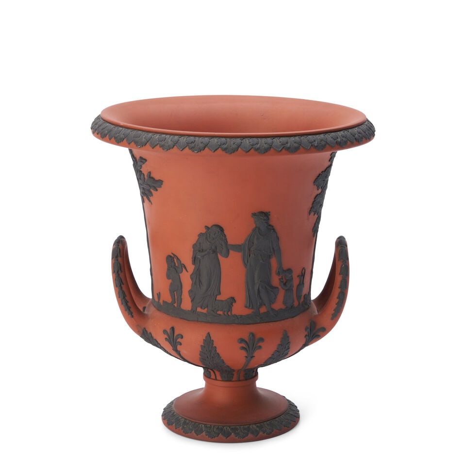 Wedgwood Rosso Antico Campagna Shaped Vase, England, 19th century,: Wedgwood Rosso Antico Campagna Shaped Vase, England, 19th century, with upturned loop handles, applied black basalt classical figures in relief, impressed mark, ht. 8 3/4 in. Footnotes: Provenance Pro