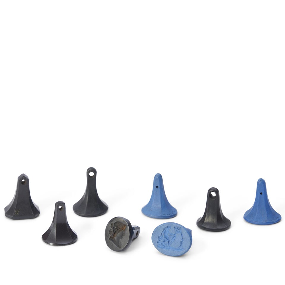 Eight Stemmed Intaglios, England, 18th century,: Eight Stemmed Intaglios, England, 18th century, three in solid blue, each with classical subjects; five in black basalt, two with classical subjects, two with monograms and another with music verse, 