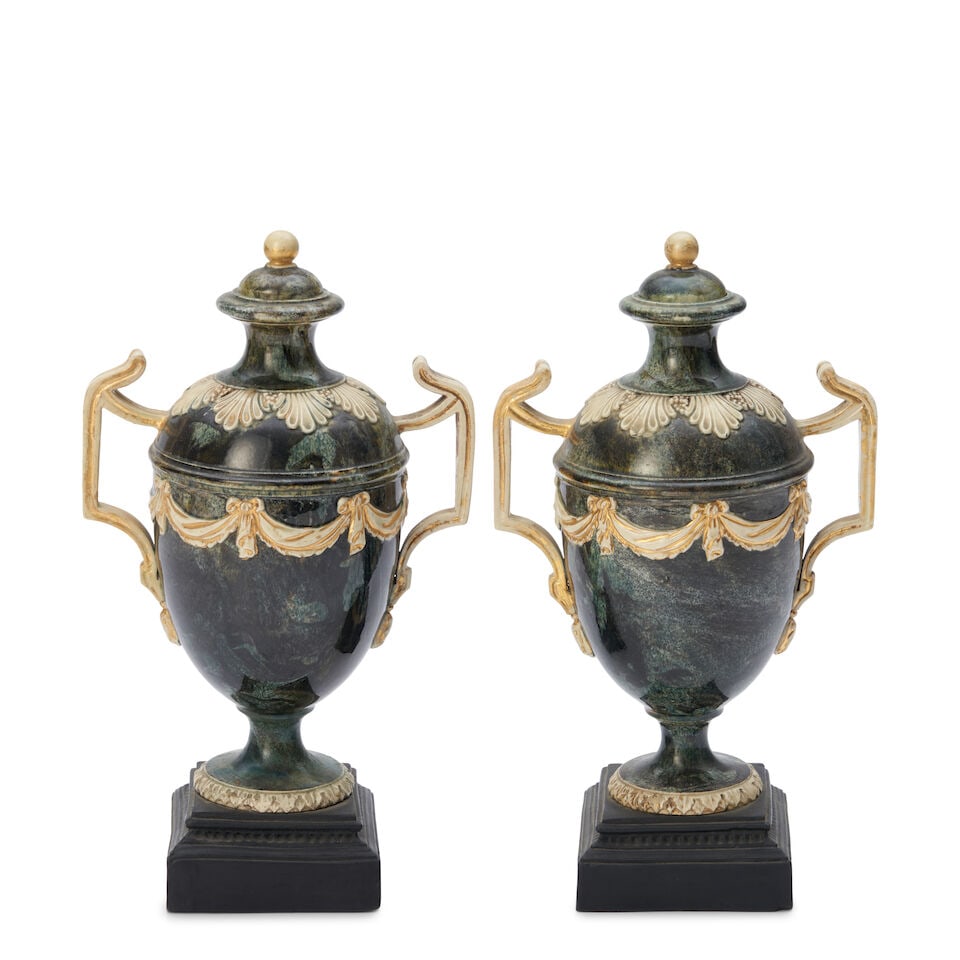 Pair of Wedgwood & Bentley Mottled Vases and Covers, England, c. 1775,: Pair of Wedgwood & Bentley Mottled Vases and Covers, England, c. 1775, with traces of gilding to a white finial, handles, palmettes and drapery swags, set atop a stepped black basalt plinth, impressed