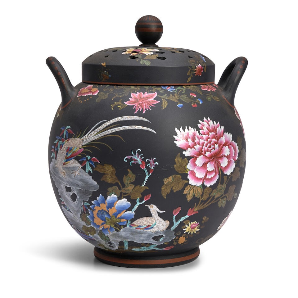 Wedgwood Enameled Black Basalt Potpourri and Covers, England, 19th century,: Wedgwood Enameled Black Basalt Potpourri and Covers, England, 19th century, two-handled bulbous shape with pierced cover and insert lid, polychrome enamel decorated with flowers, impressed mark, ht. 1