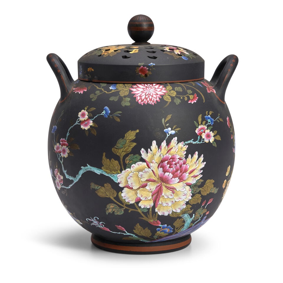 Wedgwood Enameled Black Basalt Potpourri and Covers, England, 19th century, - 2