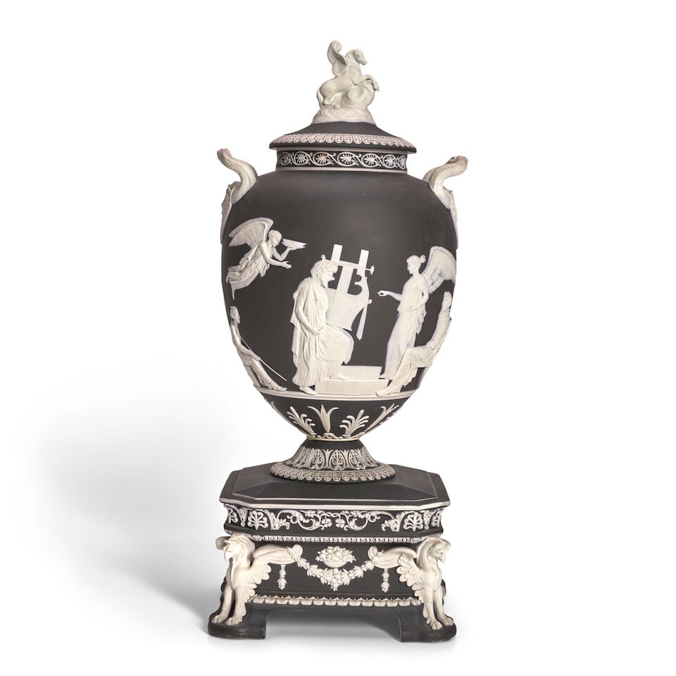 Wedgwood Black Jasper Dip Apotheosis Vase with Cover and Stand, England, 19th century, (1 of 3)