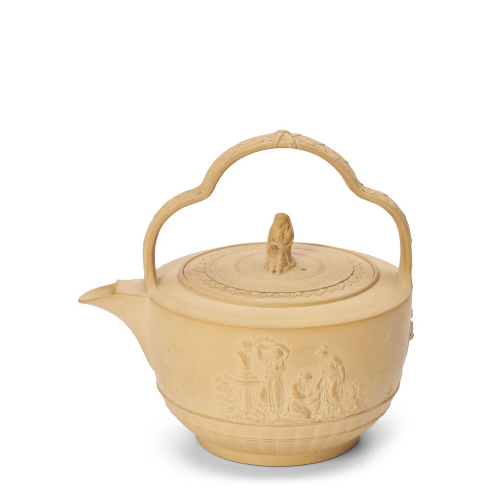 Turner Caneware Tea Kettle and Cover, England, c. 1800,: Turner Caneware Tea Kettle and Cover, England, c. 1800, scalloped bale handle to a circular pot with classical figures in relief, Sybil finial, impressed mark, ht. 8 in. For further information on