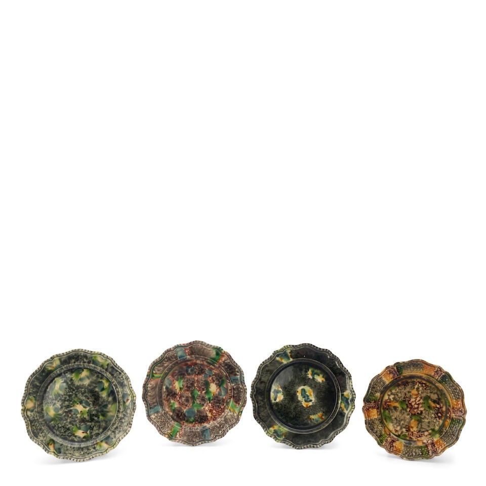 Four Staffordshire Creamware Plates, England, 18th century,: Four Staffordshire Creamware Plates, England, 18th century, each underglaze polychrome decorated, three with gadroon border, another with barley border, dia. 8 1/2, 9 1/4, 9 3/8, 9 1/2