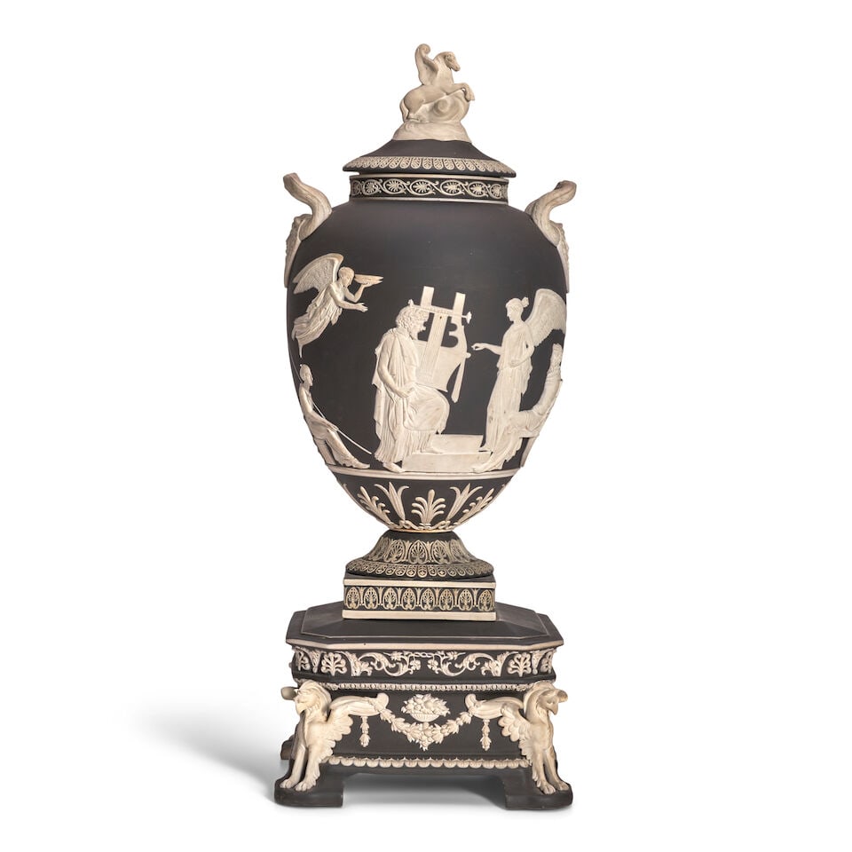 Wedgwood Black Jasper Dip Apotheosis Vase with Cover and Stand, England, 19th century, (1 of 3)