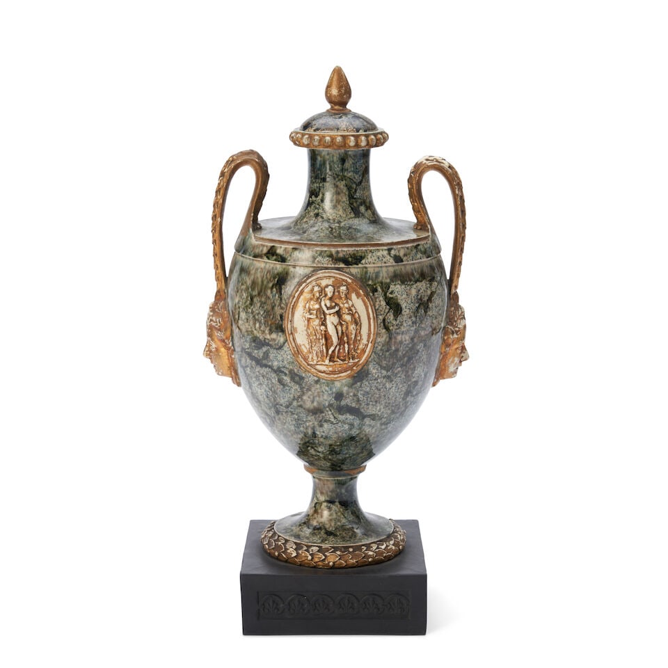 Wedgwood & Bentley Variegated Vase & Cover, England, c. 1770,: Wedgwood & Bentley Variegated Vase & Cover, England, c. 1770, mottled granite glaze and with gilded laurel and berry lop handles terminating at maiden heads, an oval classical medallion to one side, a