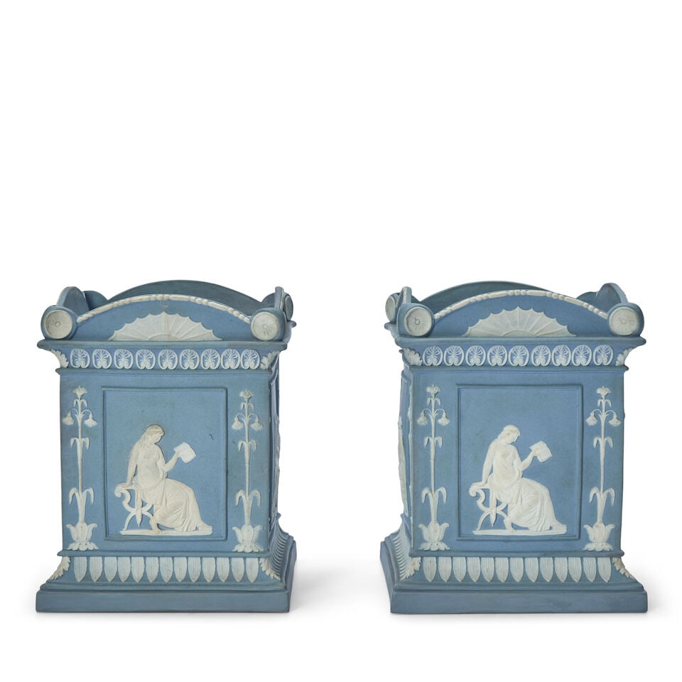 Pair of Wedgwood Solid Light Blue Jasper Bough Pots with Lids, England, late 18th century,: Pair of Wedgwood Solid Light Blue Jasper Bough Pots with Lids, England, late 18th century, of square forms with arched tops and paneled sides, applied white classical figures in relief, bell flower