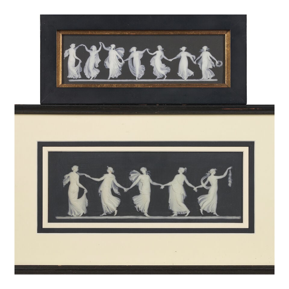 Two Wedgwood Black Jasper Plaques, England, 19th century,: Two Wedgwood Black Jasper Plaques, England, 19th century, each rectangular in shape and with applied white 'Dancing Hours' in relief, plaques by sight 2 1/2 x 8, 3 1/2 x 9 1/2 in. For further informat