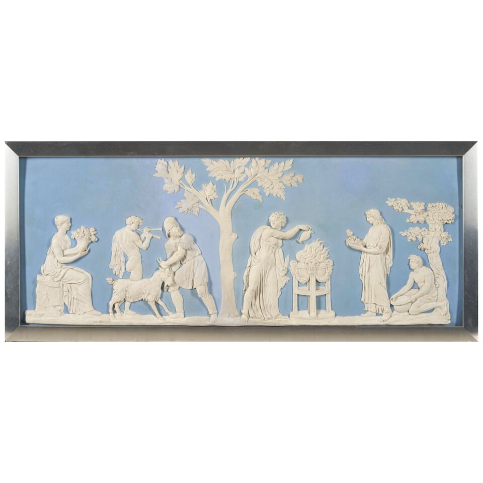 Wedgwood Light Blue Jasper Sacrifice Plaque, England, 19th century,: Wedgwood Light Blue Jasper Sacrifice Plaque, England, 19th century, rectangular shape with applied white classical figures in relief, set in a modern frame, approx. plaque lg. 24, w. 9 1/4 in. Footnot