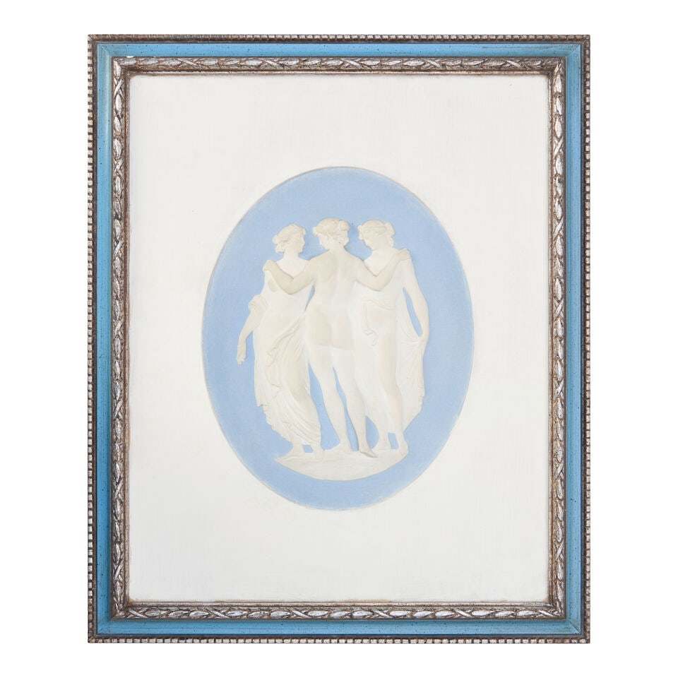 Pair of Wedgwood Solid Light Blue Jasper Plaques, England, early 19th century,: Pair of Wedgwood Solid Light Blue Jasper Plaques, England, early 19th century, the oval and with applied white relief, one depicting 'The Three Graces', the other 'Coriolanus and His Wife and Mother',