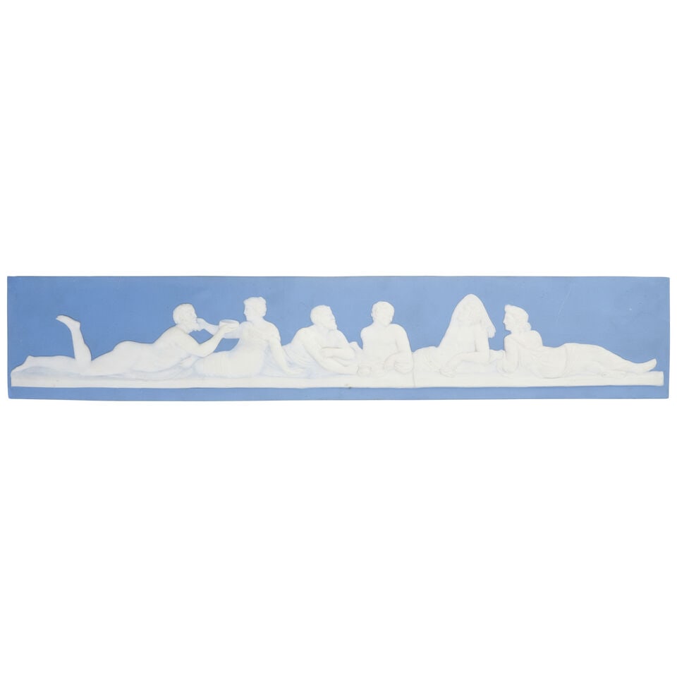 Wedgwood Solid Light Blue Jasper Plaque, England, 19th century,: Wedgwood Solid Light Blue Jasper Plaque, England, 19th century, rectangular shape with applied white relief depiction of the 'Roman Banquet', impressed mark, 3 1/4 x 17 3/4 in. For further
