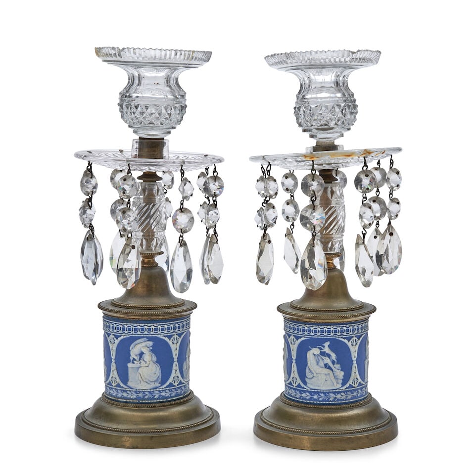 Pair of Wedgwood Jasper and Crystal Candlesticks, England, 19th century,: Pair of Wedgwood Jasper and Crystal Candlesticks, England, 19th century, with prism drops and bronze mounts, dark blue dip drum bases with applied white classical figures in relief, ht. 11 1/4 in. Foo