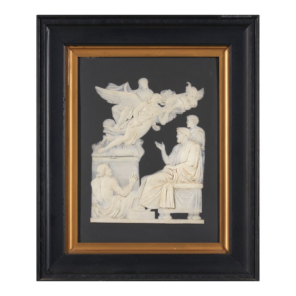 Wedgwood Black Jasper Dip Plaque, England, 19th century,: Wedgwood Black Jasper Dip Plaque, England, 19th century, rectangular shape with applied white relief, inscribed title on the reverse 'The Apotheosis of an Empress', set in an ebonized wood frame, impr