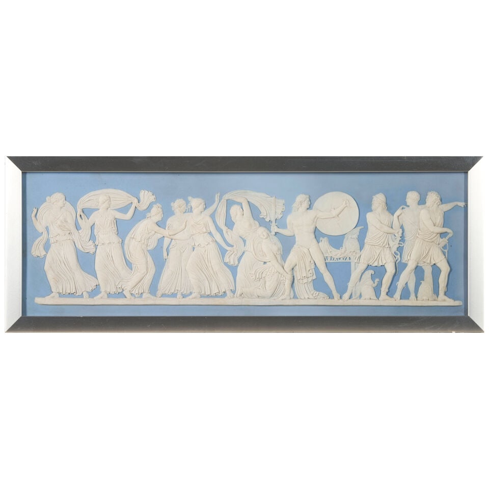 Wedgwood Light Blue Jasper Plaque, England, 19th century,: Wedgwood Light Blue Jasper Plaque, England, 19th century, 'The Discovery of Achilles' in white relief to a rectangular shape, modern frame, by sight 7 1/2 x 23 in. Footnotes: Provenance Property of a