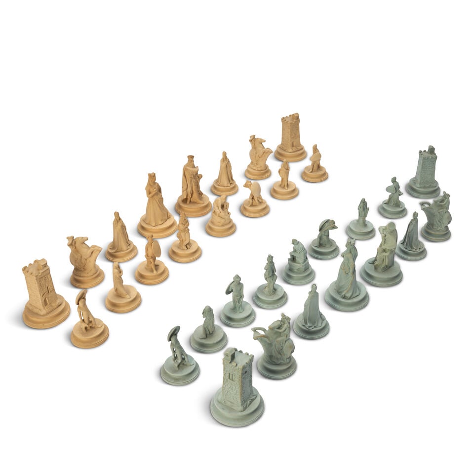 Wedgwood Thirty-two Piece Partial Chess Set, England, early 19th century,: Wedgwood Thirty-two Piece Partial Chess Set, England, early 19th century, after an original design by John Flaxman, sixteen each in cane and drab, including a jester on each side, impressed marks, 