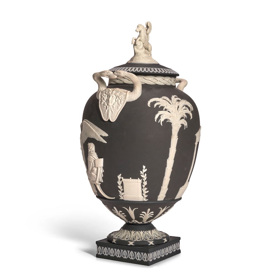 Wedgwood Bellows Black Jasper Dip Apotheosis Vase and Cover, England, 1911, - 2