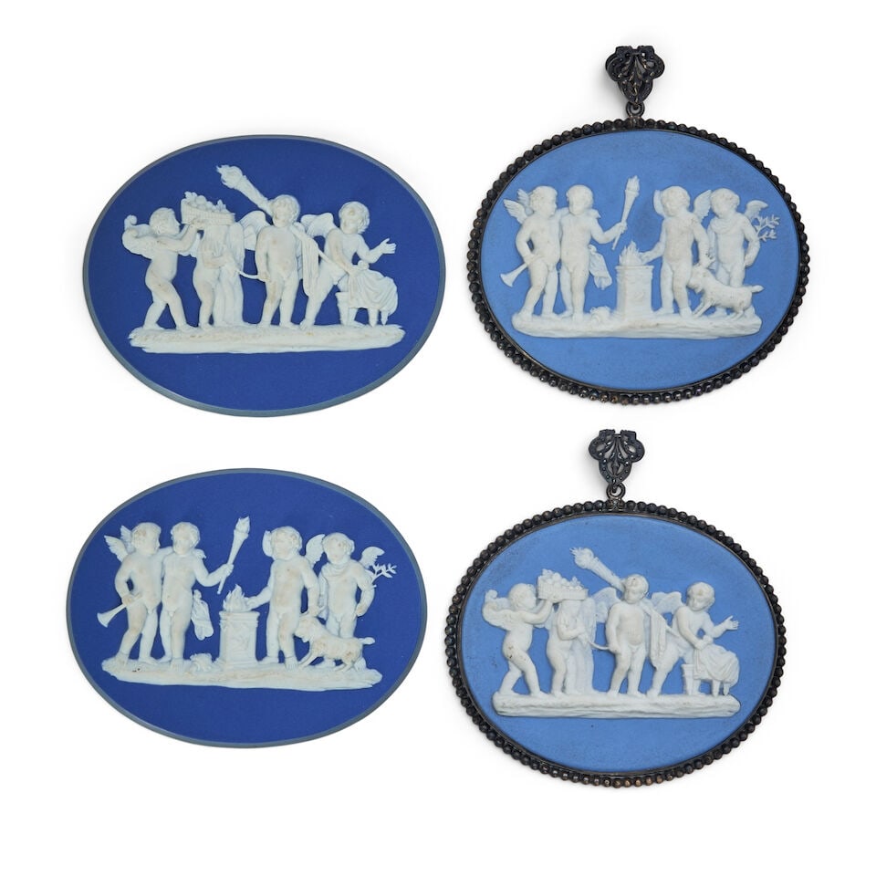 Two Pairs of Wedgwood Jasper Medallions, England, late 18th and early 19th century,: Two Pairs of Wedgwood Jasper Medallions, England, late 18th and early 19th century, ovals with applied white relief depictions of 'The Marriage of Cupid and Psyche' and 'Sacrifice to Hymen', two a