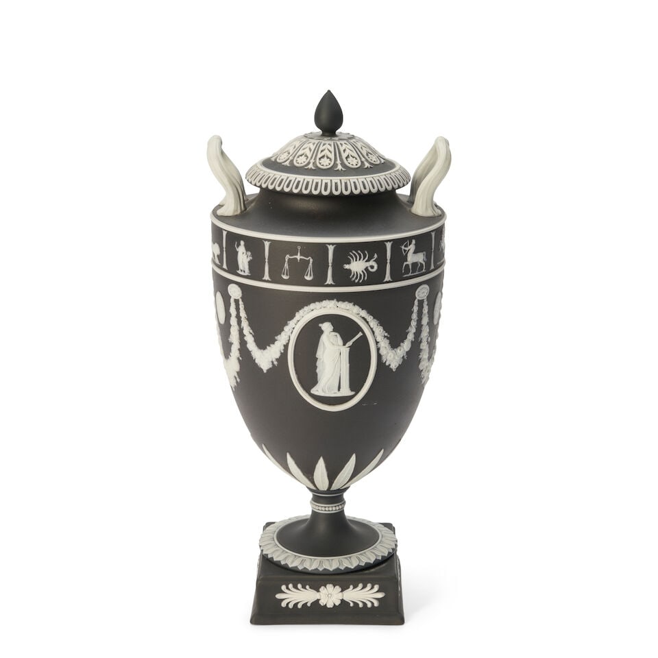 Wedgwood Black Jasper Dip Vase and Cover, England, 1952,: Wedgwood Black Jasper Dip Vase and Cover, England, 1952, applied white relief with a band of zodiac symbols above framed oval medallions with classical figures bordered with floral festoons,