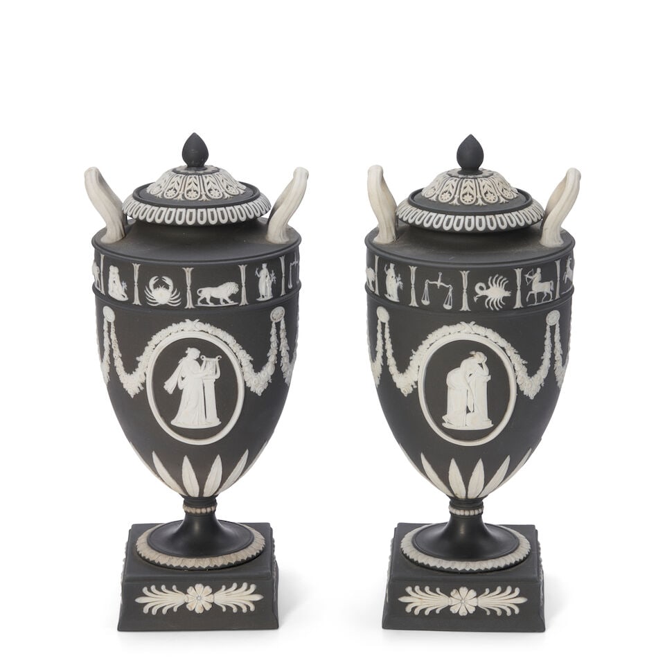 Pair of Wedgwood Solid Black Jasper Zodiac Vases and Covers, England, 20th century, (1 of 1)