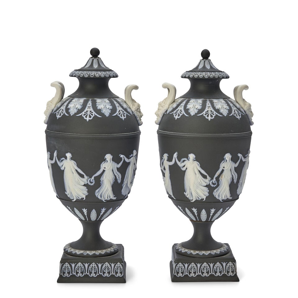 Two Wedgwood Solid Black Jasper Vases and Covers, England, early 20th century, (1 of 2)