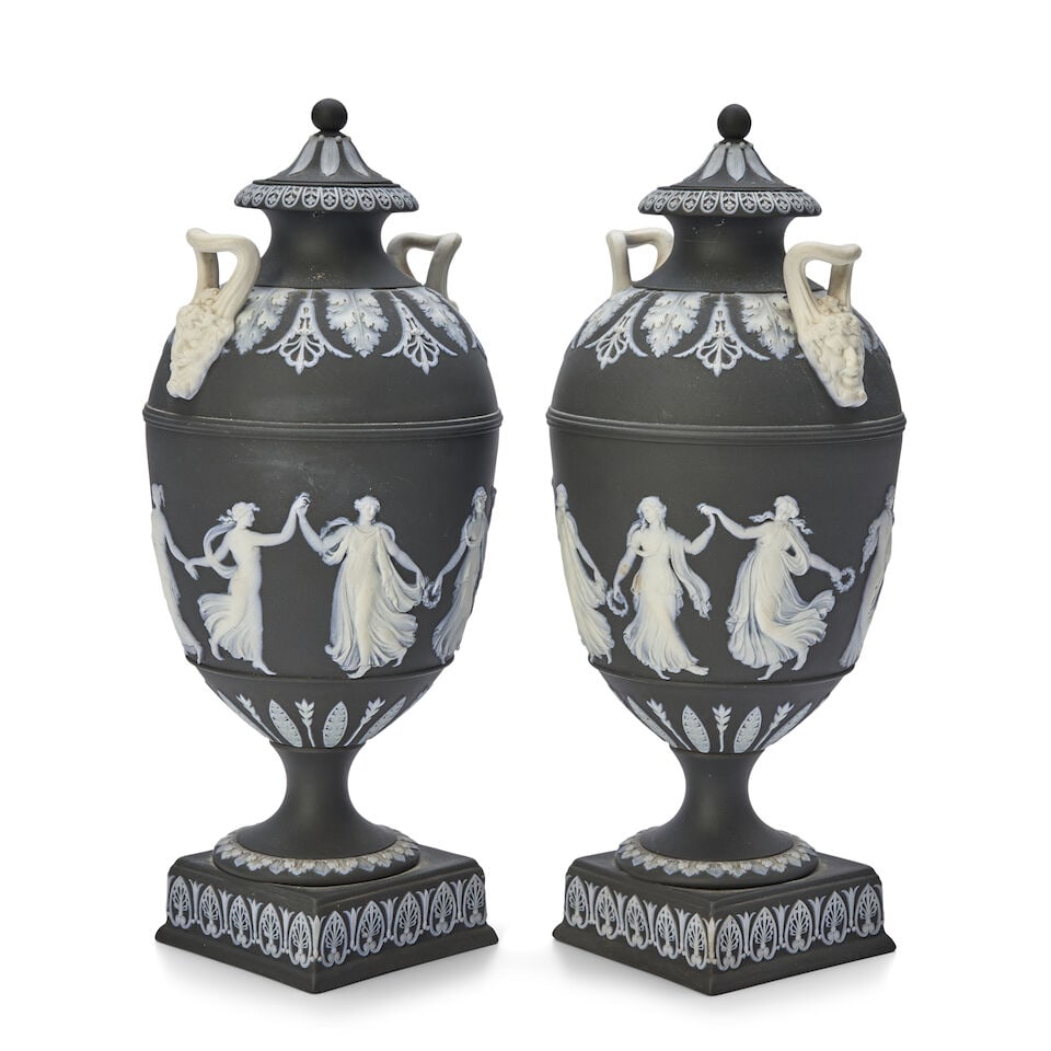 Two Wedgwood Solid Black Jasper Vases and Covers, England, early 20th century, - 2