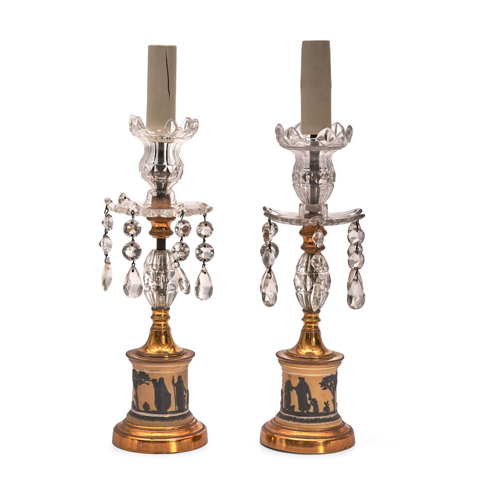 Pair of Wedgwood Yellow Jasper Dip Candle Lamps, England, late 19th/early 20th century,: Pair of Wedgwood Yellow Jasper Dip Candle Lamps, England, late 19th/early 20th century, crystal nozzles with prism drops, the drum bases with applied black jasper classical figures in relief, nozzle