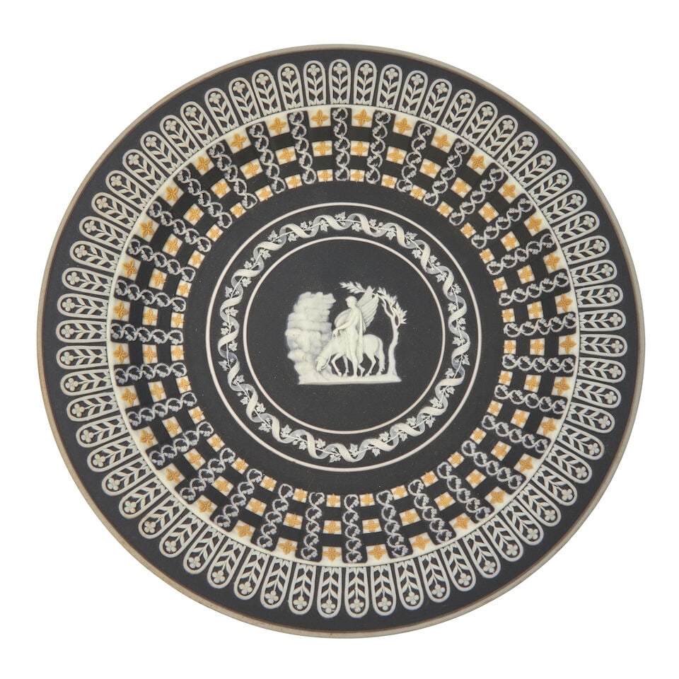 Wedgwood Tricolor Jasper Dip Diceware Plate, England, 19th century,: Wedgwood Tricolor Jasper Dip Diceware Plate, England, 19th century, black ground with white applied central classical group of 'Muse Watering Pegasus' within a wide border of yellow quatrefoils to a
