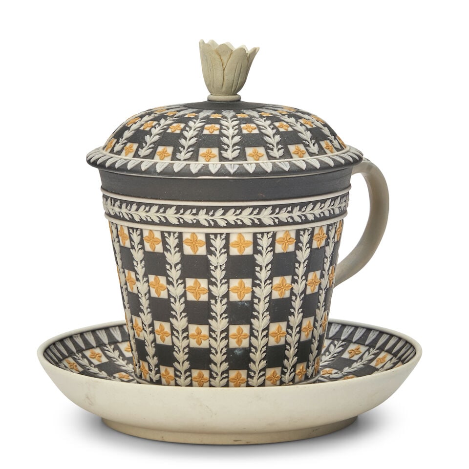 Wedgwood Tricolor Jasper Dip Diceware Cup, Cover and Saucer, England, 19th century, - 2