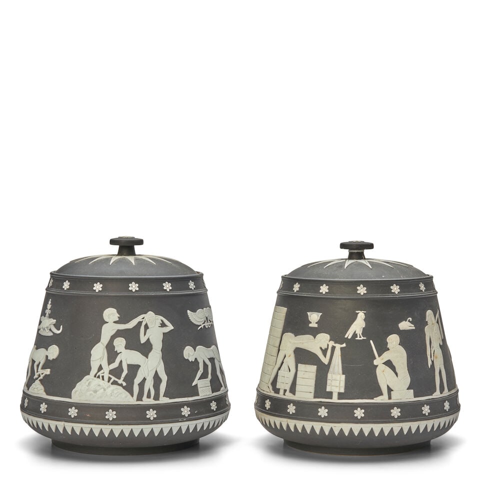 Two Wedgwood Black Jasper Dip Biscuit Jars and Covers, England, 20th century, (1 of 1)