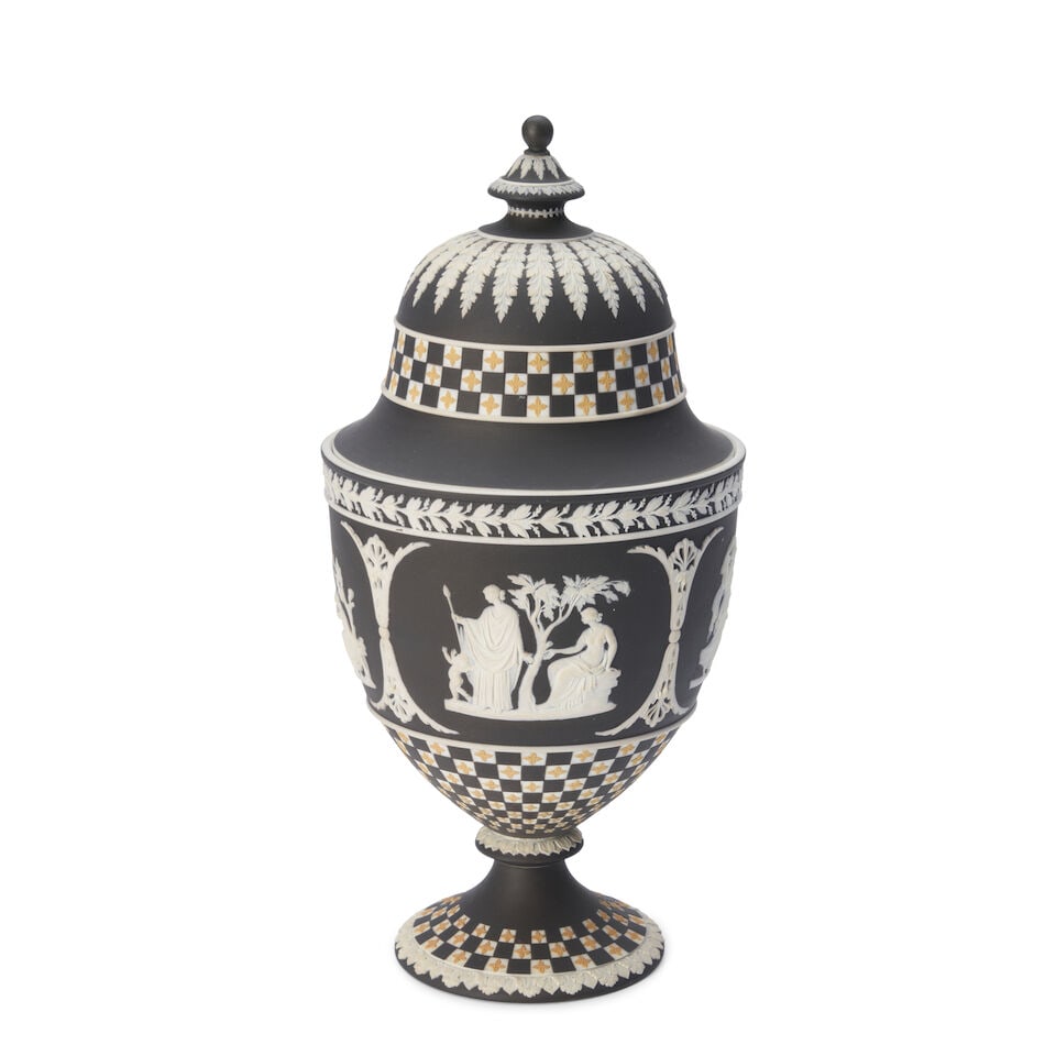 Wedgwood Tricolor Jasper Dip Diceware Vase and Cover, England, 19th century,: Wedgwood Tricolor Jasper Dip Diceware Vase and Cover, England, 19th century, black ground with panels of applied white relief classical figures between diced bands of yellow quatrefoils to a white gro