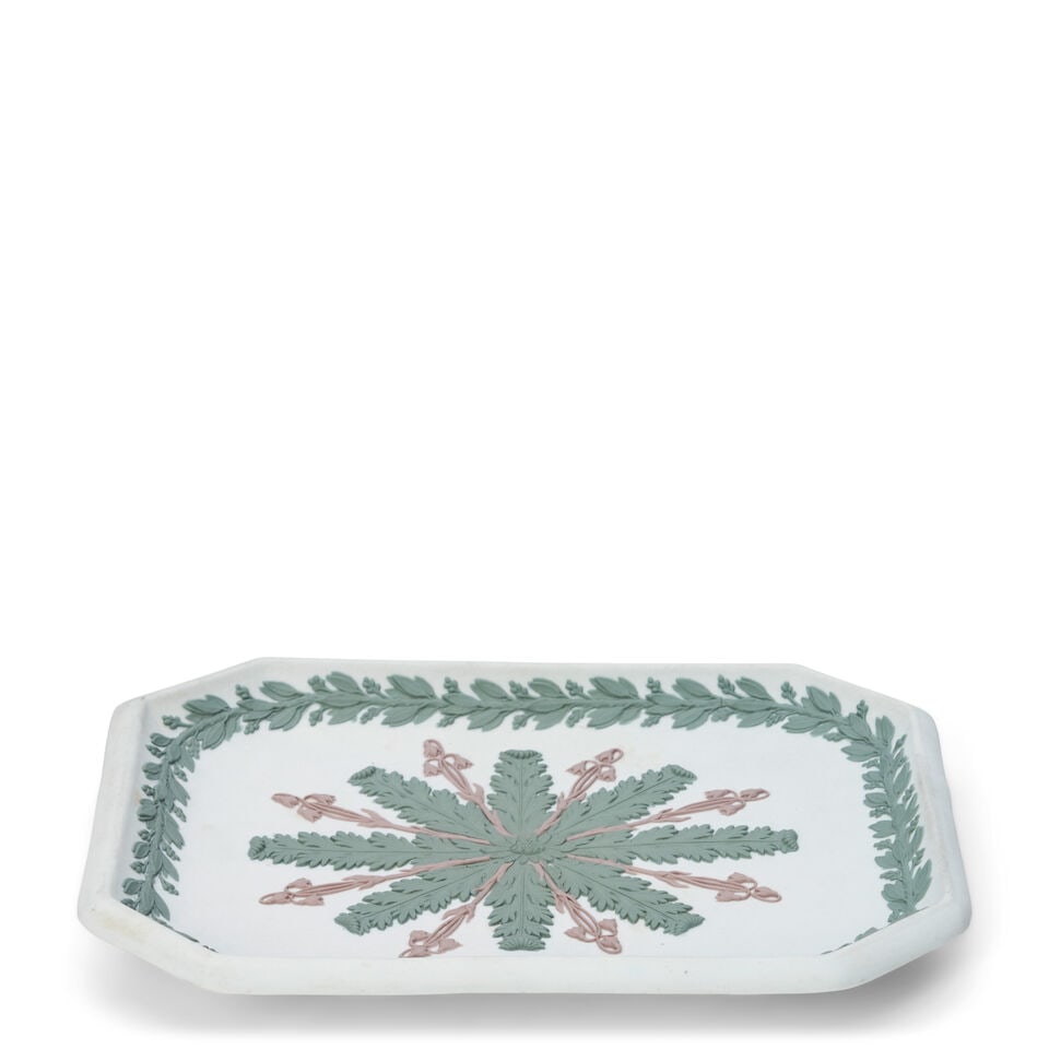 Wedgwood Tricolor Jasper Tray, England, 19th century,: Wedgwood Tricolor Jasper Tray, England, 19th century, octagonal shape in solid white with applied lilac and green acanthus and bell flowers radiating from the center and bordered with running laurel a