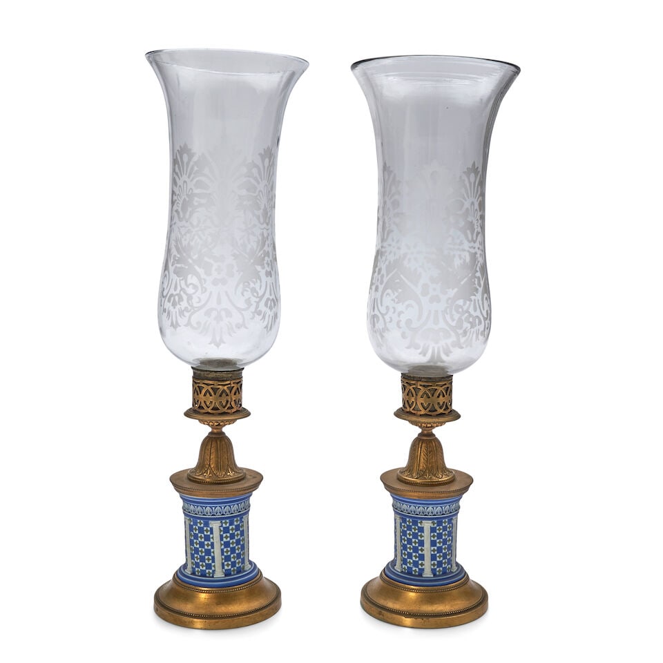 Pair of Wedgwood Tricolor Diceware Lamp Bases, England, early 19th century,: Pair of Wedgwood Tricolor Diceware Lamp Bases, England, early 19th century, each cylinder in a dark blue ground with green quatrefoils set to white dicing and with white columns in relief, gilt