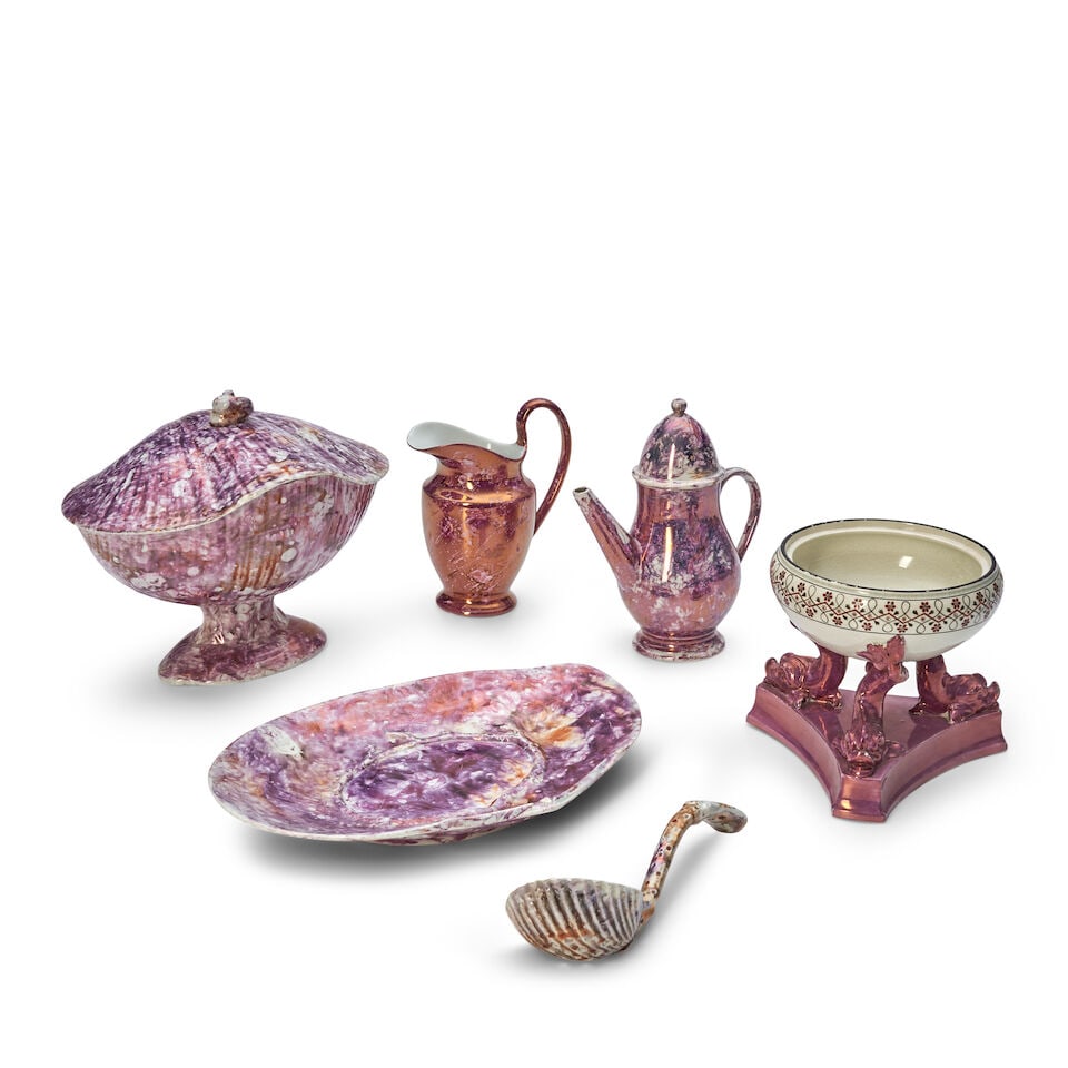 Four Wedgwood Pink Lustre Decorated Items, England, 19th century,: Four Wedgwood Pink Lustre Decorated Items, England, 19th century, two in moonlight lustre, a covered shell shaped sauce tureen with stand and ladle, ht. 6 1/2; and miniature coffeepot and cover, ht.