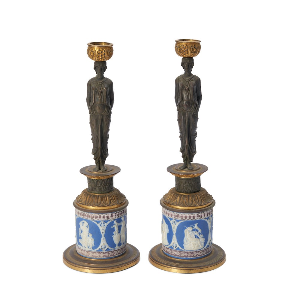 Pair of Patinated and Gilded Bronze & Wedgwood Tricolor Jasper Figural Candlesticks, England, ea... (1 of 1)