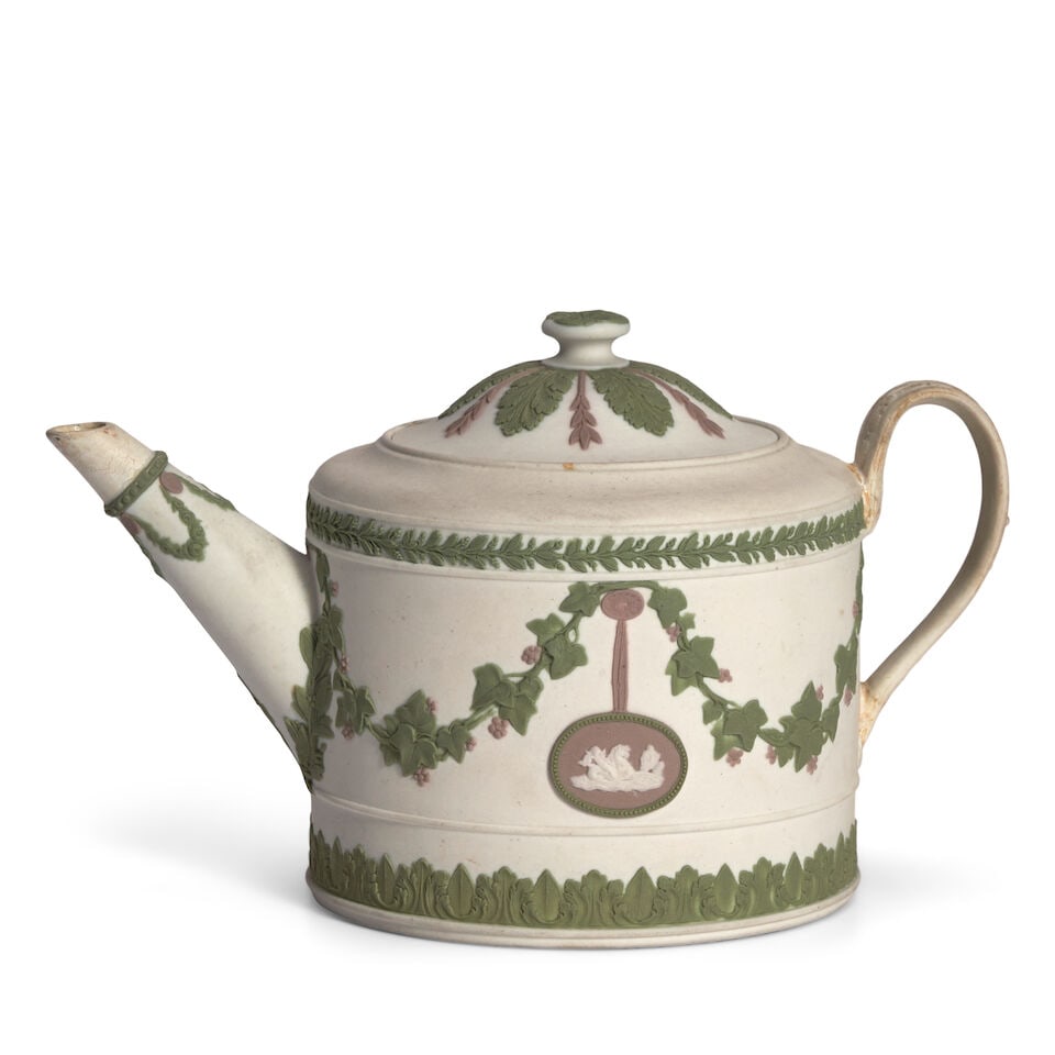 Wedgwood Tricolor Jasper Teapot and Cover, England, 19th century,: Wedgwood Tricolor Jasper Teapot and Cover, England, 19th century, solid white body with applied green and lilac classical decoration, impressed mark, ht. 4 in. For further information on this lot plea