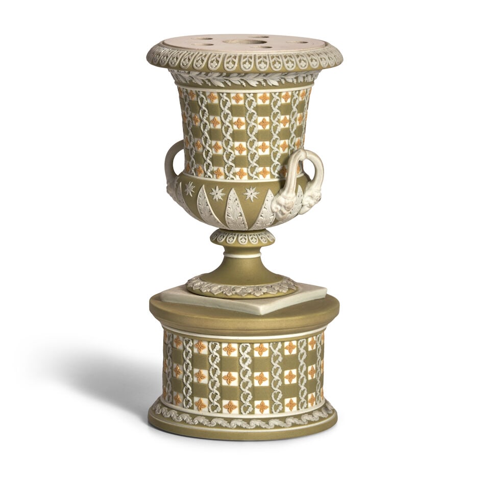 Wedgwood Tricolor Jasper Dip Diceware Urn on Drum Base, England, 19th century, - 2